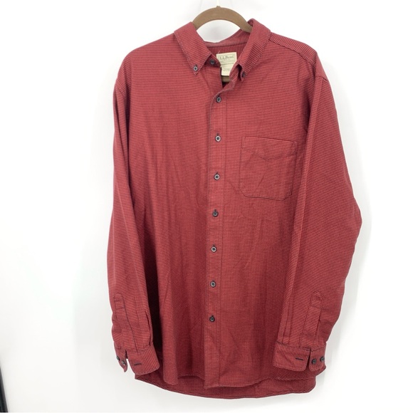 LL Bean Men Size Large Tall Shirt Button Down Top Red Black Houndstooth Flannel - Picture 1 of 5